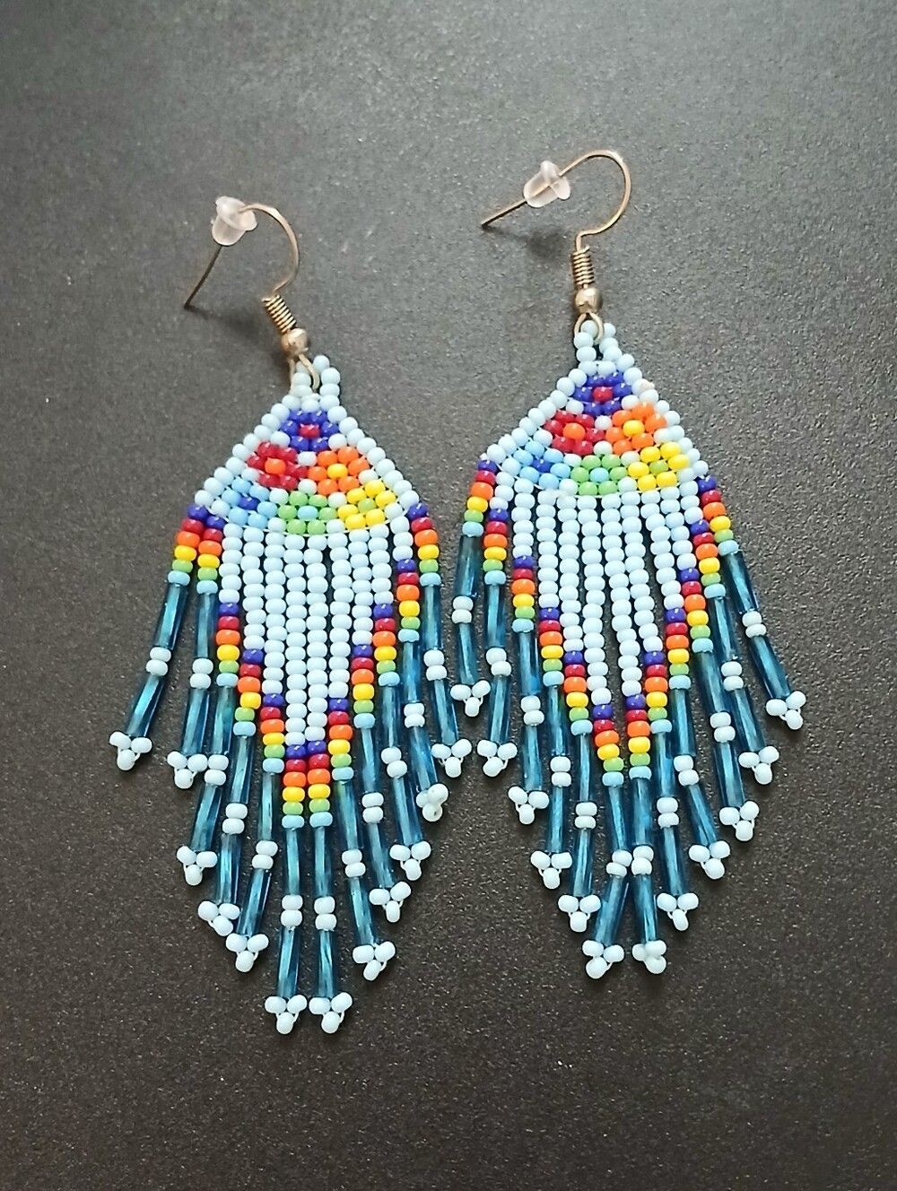 Rainbow Seed Bead Fringe Earrings Light Blue Boho Festival Statement Earrings - Picture 2 of 3